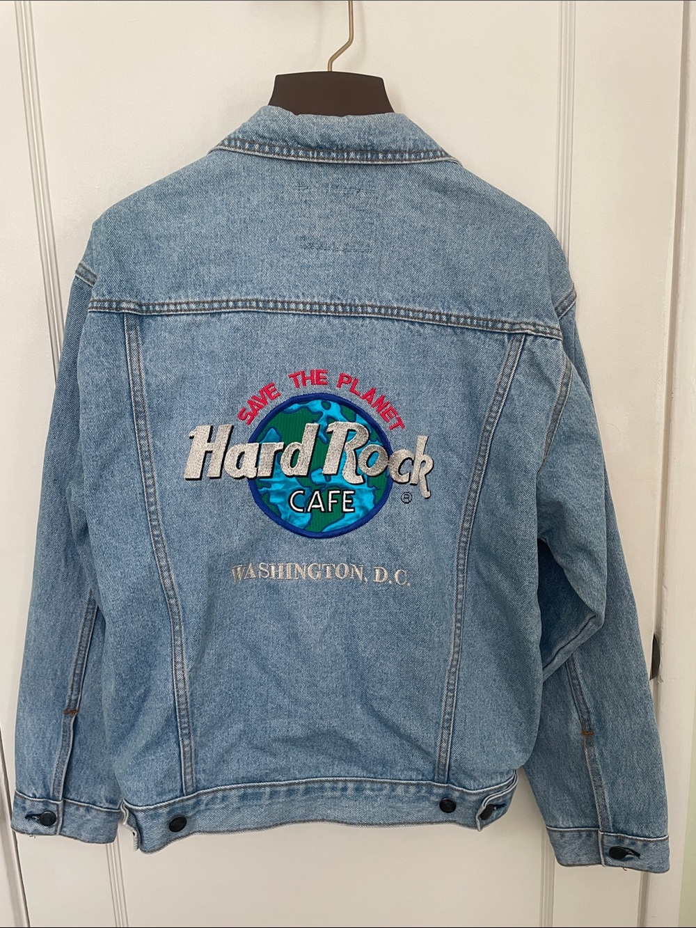 Hard Rock Cafe Light Blue Denim Jacket with Multicolor Embroidered Globe